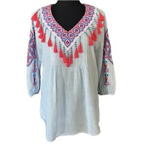 Chicos boho embroidered floral tassel top
